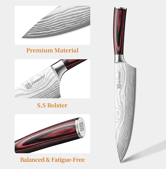 KEEMAKE Chef Knife - 8 Inch High Carbon Stainless Steel Kitchen Knife with Ergonomic Handle, Professional Kitchen Gadgets with Gift Box for Men and Women, Mothers Day Gifts - Image 3