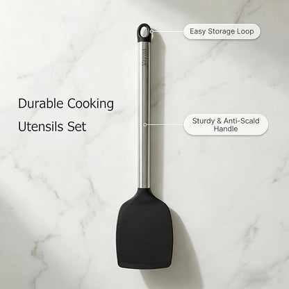 Vayvnt Silicone Cooking Utensils Set for Nonstick Cookware, 4 PCS Kitchen Silicone Spatula and Spoon Set with Stainless Steel Handle, Heat Resistant Kitchen Utensils, Dishwasher Safe, Black