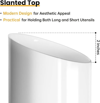 KITEISCAT Large Ceramic Utensil Holder for Kitchen Counter, Modern Crock with Slanted Top & Cork Mat, for Spatulas & Cooking Spoons, White