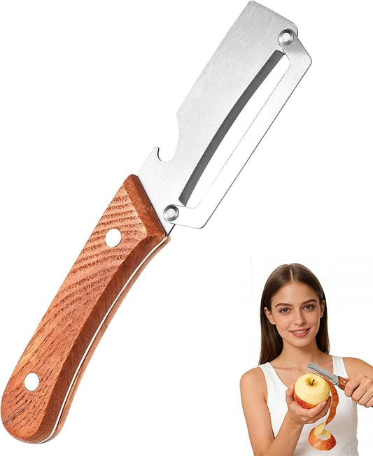 Roselli Wooden-Handled Stainless Steel Shredder and Peeler, Multifunctional Vegetable Peelers for Kitchen, Stainless Steel Peeler Knife with Wooden Handle & Bottle Opener (Paring knife*1)