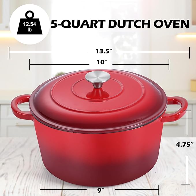 TeamFar 5Qt Dutch Oven, Enameled Cast Iron Dutch Oven with Lid & Dual Handles for Cooking Baking Braising Simmering, Healthy & Sturdy, Oven & Various Stovetops Safe, Non-stick & Easy Clean - Red - Image 2