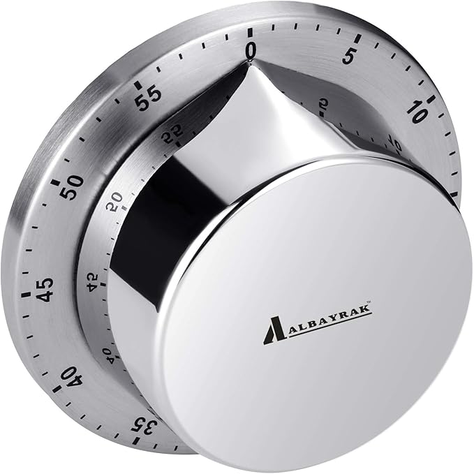 Albayrak Kitchen Timer, Chef Cooking Timer Clock with Loud Alarm, No Batteries Required, 100% Mechanical - Magnetic Backing, Exquisite Stainless Steel Body - Countdown Reminder - Silver 1Pack by Albayrak