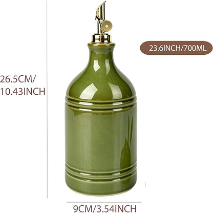 Ceramic Olive Oil Dispenser Bottle for Kitchen with Gold Gravity Spout, Large Capacity 23.6oz/700ml Oil Container, Suitable for Storage Olive Oil, Vinegar, Soy Sauce, Lemon Juice(Green)