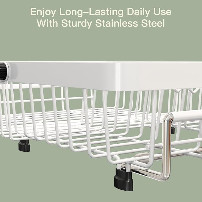 MAJALiS Dish Drying Rack Over The Sink, Expandable Stainless Steel Dish Drainer for Small Kitchen Counter Space Saving, RV Compact Plate Strainer in White Metal with Hanging Adjustable Utensil Holder - Image 5