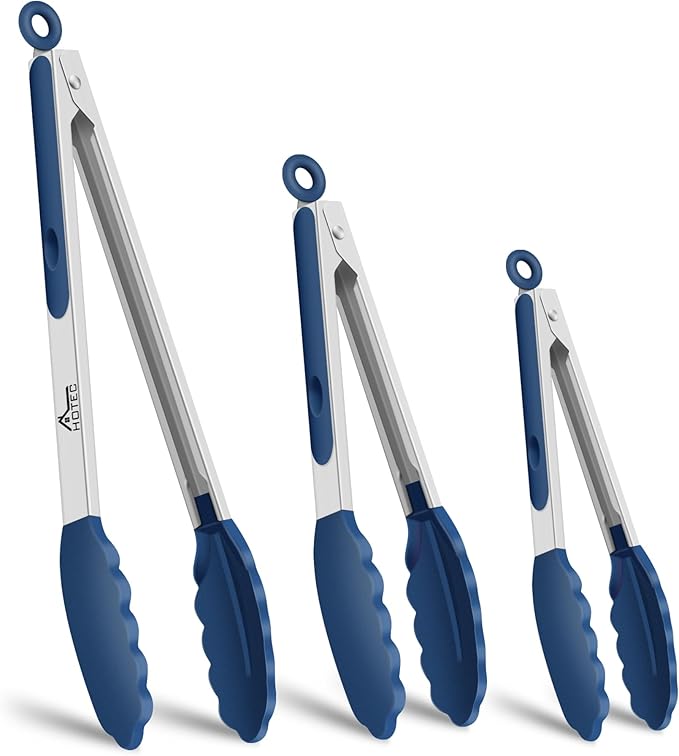 HOTEC Premium Stainless Steel Locking Kitchen Tongs with Silicon Tips, Set of 3-7", 9" and 12" (Classic Blue) by Hotec