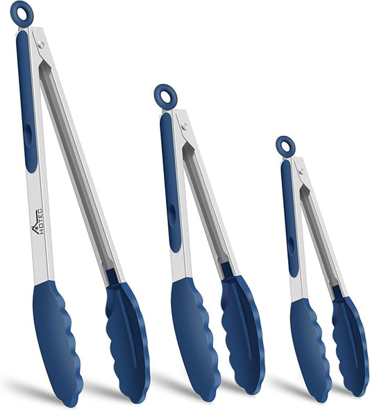 HOTEC Premium Stainless Steel Locking Kitchen Tongs with Silicon Tips, Set of 3-7", 9" and 12" (Classic Blue) by Hotec
