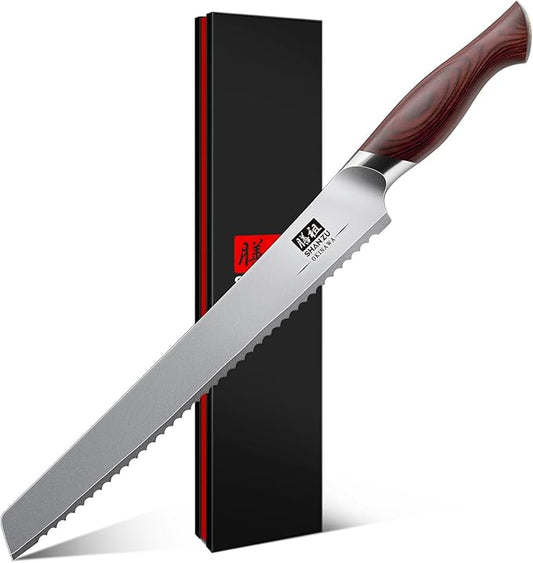 SHAN ZU 10 Inch Bread Knife, Razor Sharp Sourdough Slicing Knife, Japanese High Carbon 10Cr15Mov Stainless Steel Cake Knife, Multifunction Serrated knife for Homemade Bread by SHANZU