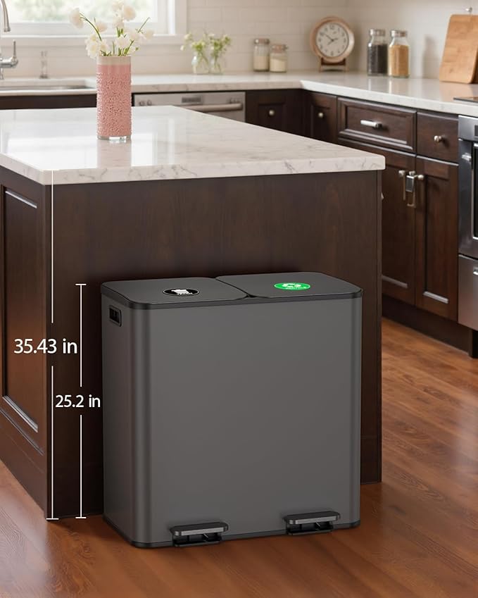 Lovewind Dual Trash and Recycling Bins for Kitchen, 2 * 11-Gallon Stainless Steel Double Trash Can, Step-On Garbage and Recycle Combo, Quiet Close, Pet-Proof, Compatible with 13-Gallon Bags, Grey - Image 2