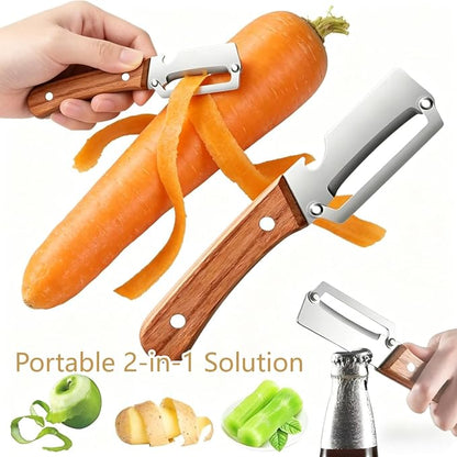 2 Pack Premium 2-in-1 Multi Functional Vegetable and Fruit Peeler with Bottle Opener, Wooden Handle, Stainless Steel Blade-Zero Snag, Smooth Glide Kitchen Tool for Potato, Carrot,Sugar Cane and More - Image 3