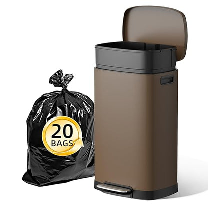 KUK 13 Gallon Kitchen Trash Can with Lid, 50L/13Gal Office Step Garbage Can for Home, Kitchen, Laundry Room, Office, Brushed Stainless Steel, Brown