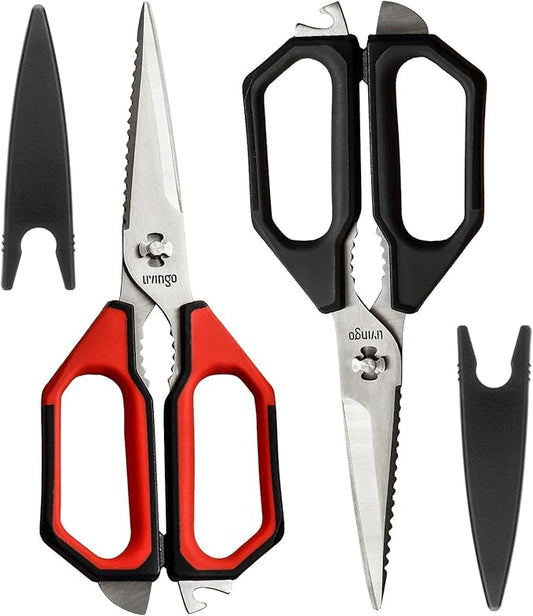 LIVINGO Kitchen Scissors Set All Purpose - Heavy Duty Stainless Steel Come Apart Food Shears for Cutting Meat, Vegetables, Dishwasher safe, 2 Pack, Red Black Multi-Function Handles by LIVINGO