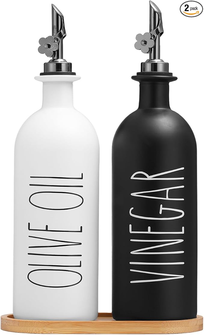 HOMCDALY 16oz Olive Oil Dispenser Bottles for Kitchen, Glass Oil Dispenser for Kitchen with Bamboo Tray, Oil&Vinegar Dispenser Set | Set of 2 (16oz-P-Black&White) by HOME
