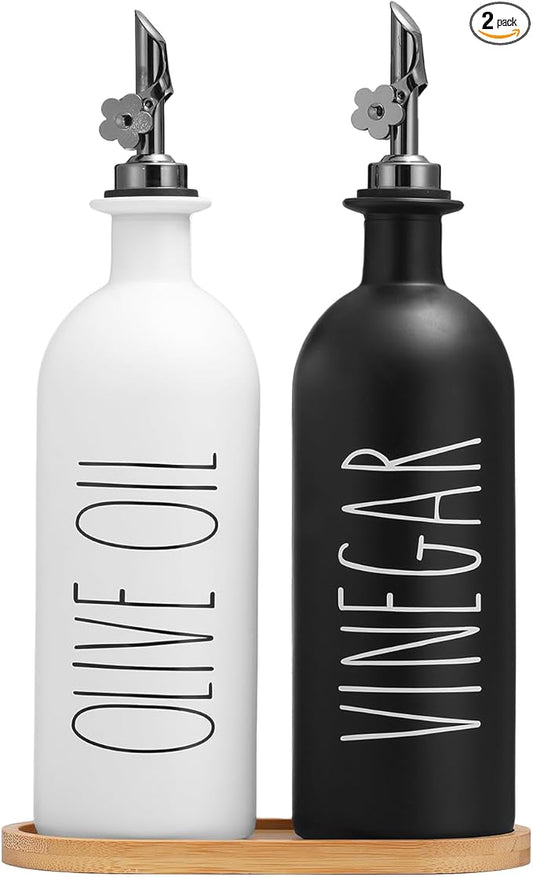 HOMCDALY 16oz Olive Oil Dispenser Bottles for Kitchen, Glass Oil Dispenser for Kitchen with Bamboo Tray, Oil&Vinegar Dispenser Set | Set of 2 (16oz-P-Black&White) by HOME