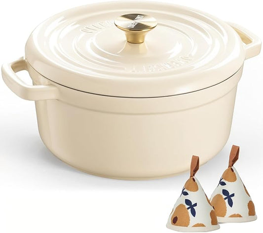 Overmont Enameled Cast Iron Dutch Oven - 5QT Pot with Lid Cookbook & Cotton Potholders - Heavy-Duty Cookware for Braising, Stews, Roasting, Sourdough Baking Cream white by Overmont