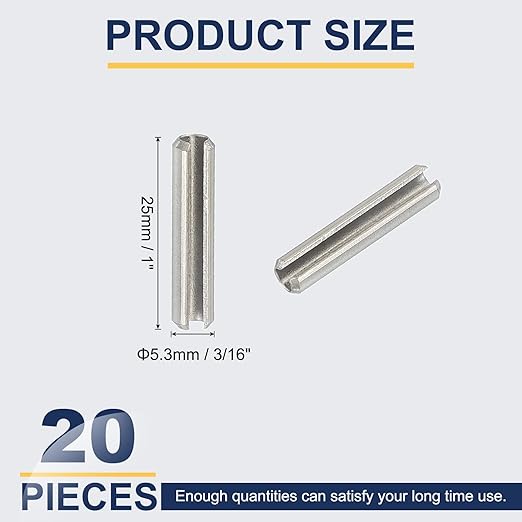 PATIKIL Slotted Spring Pin, 20 Pcs 3/16" x 1" (5.3mm x 25mm) 304 Stainless Steel Split Roll Pins Spring Dowel for Home Improvement Automotive Machine Repair, Silver