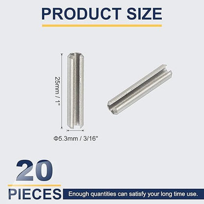 PATIKIL Slotted Spring Pin, 20 Pcs 3/16" x 1" (5.3mm x 25mm) 304 Stainless Steel Split Roll Pins Spring Dowel for Home Improvement Automotive Machine Repair, Silver