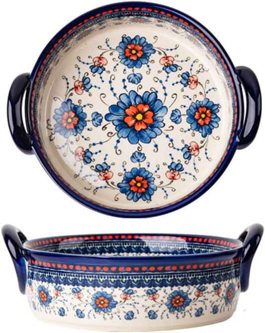 Blue and Orange Flower Vintage Style Ceramic Bakeware Casserole Lasagna Pans Baking Dish with Handles for Oven/Cooking/Kitchen-1 PCS-32 OZ by Bicuzat