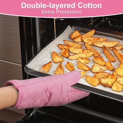 AUAUY Pink Oven Mitts, 1 Pair Kitchen Mittens, 392°F Heat Resistant Oven Gloves Non-Slip Kitchen Gloves for Oven, BBQ Gloves-Oven Mitts Infill Cotton Cooking Gloves for Oven Grilling Cooking Baking - Image 3