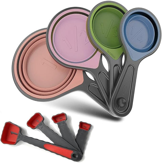 Collapsible Silicone Soft Measuring Cups and Measuring Spoons,8 pieces Portable Food Grade Silicone Cup for Liquid & Dry Measuring Baking &Utensils & Travel Measuring Cup，space saver (Pink) by GrandFort