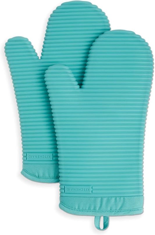 KITCHENAID Ribbed Soft Silicone Oven Mitt 2-Pack Set, 7.5"x13", Aqua Sky by KitchenAid