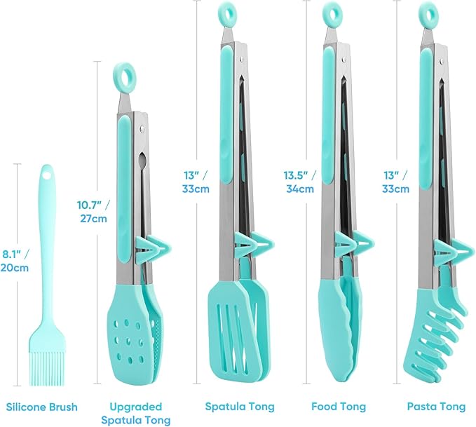 5-Pack Silicone Tongs for Cooking,Maywe Tanso 4PCS 13-Inch Kitchen Tongs with Silicone Tips,Nonstick Stainless Steel Tong for Steak Pie Pizza Pasta Spaghetti Salad BBQ Buffet,Plus Brush - Image 7