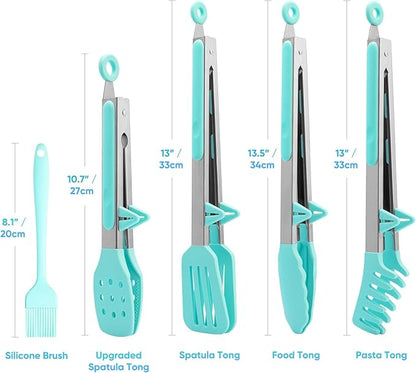5-Pack Silicone Tongs for Cooking,Maywe Tanso 4PCS 13-Inch Kitchen Tongs with Silicone Tips,Nonstick Stainless Steel Tong for Steak Pie Pizza Pasta Spaghetti Salad BBQ Buffet,Plus Brush - Image 7