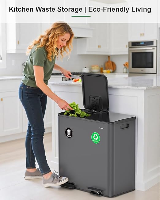 Lovewind 2×11.5 Gallon Dual Trash Can, Stainless Steel Dual Garbage and Recycling Can with Foot Pedal, 90° Stay-Open Lid, Pet-Proof Design – Large Dual Compartment Trash Recycling Bins Kitchen, Grey