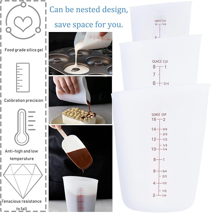 3 PCS Silicone Flexible Measuring Cups,Melting Cups for Epoxy Resin,Butter,Chocolate and More,2 Cup&1 Cup&1/2 Cup,Squeeze and Pour Silicone Measuring Cup with Marking Ounce/ML