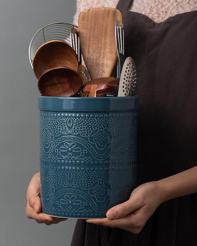 Fun Elements Kitchen Utensil Holder, 7.2" Super Large Utensil Crock Heavy and Stable Lace Emboss Ceramic Utensil Holder for Kitchen Counter (Grayish Blue) - Image 6