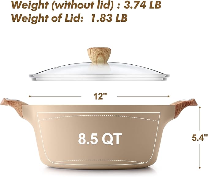 SENSARTE Ceramic Nonstick Stock Pot with Lid, 2.6/4.5/6.6/8.5 QT Soup Pot Casserole Pot, Non-toxic Healthy Pasta Pot, Large Cooking Pot Stew Pot, Induction Compatible, PFOA PFAS PTFE Free, Taupe - Image 6