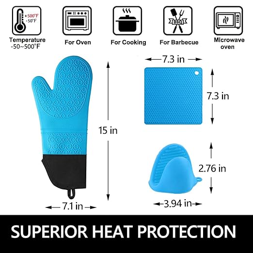 Silicone Oven Mitts and Pot Holders Set, MTZRFLL Extra Long Heat Resistant Oven Gloves with Hot Pads and Mini Oven Mittens for Grilling, Kitchen Cooking Baking, Soft Quilted Lining, Pack of 6 (Blue) - Image 6