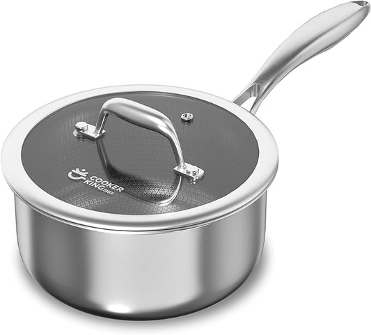 COOKER KING 1.5 Quart Stainless Steel Saucepan, Nonstick Sauce Pan, Ceramic Suce Pot with Tempered Glass Lid, Induction Pot Compatible with All Cooktops, Dishwasher & Oven Safe(PFAS/PFOA/PTFE Free) by cookerking