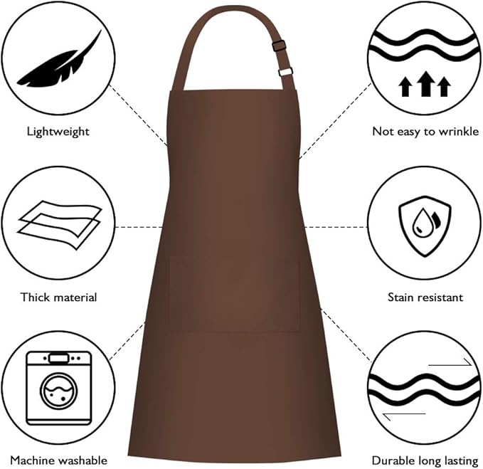 Jubatus 2 Pack Bib Aprons with 2 Pockets Cooking Chef Kitchen Apron for Women Men, Brown - Image 6