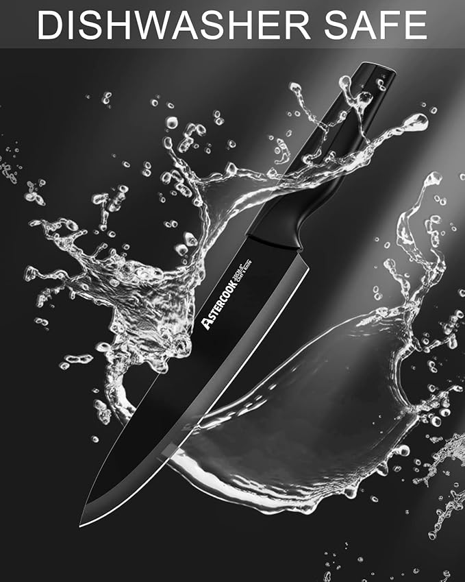 Astercook Knife Set, Kitchen Knife Set with Built-in Sharpener Block, Dishwasher Safe, 15 Pieces German Stainless Steel Knife Block Set, Black Mothers Day Gifts for Kitchen - Image 7
