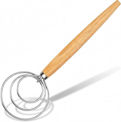 Maxjoy Danish Dough Whisk Wooden Dutch Bread Mixer with Stainless Steel Hook for Sourdough Baking Hand Tool