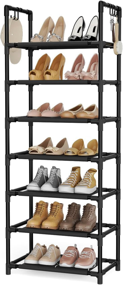 LANTEFUL 7 Tiers Shoe Rack 18-20 Pairs Boots Organizer Storage Sturdy Narrow Shoe Shelf for Entryway, Closets with Hooks, Black by LANTEFULforTidyingHouse
