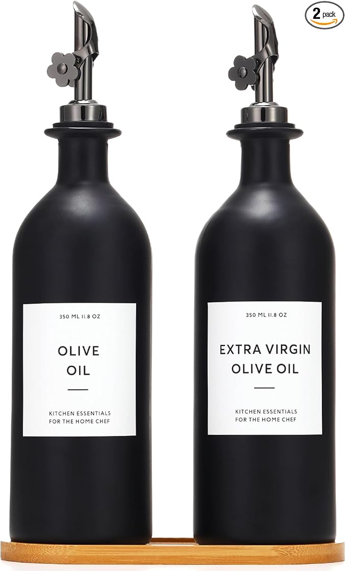 HOMCDALY Olive Oil Dispenser for Kitchen, 16oz Glass Oil Bottles with Bamboo Tray, Black Oil&Vinegar Cruet Set, Kitchen Dispenser Bottles with Pourer | Set of 2 (16oz – Black) by HOME