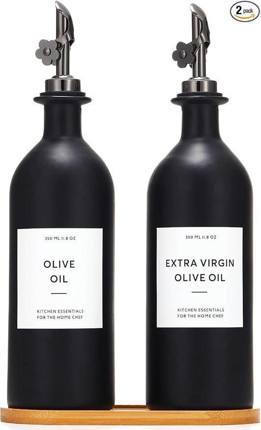 HOMCDALY Olive Oil Dispenser for Kitchen, 16oz Glass Oil Bottles with Bamboo Tray, Black Oil&Vinegar Cruet Set, Kitchen Dispenser Bottles with Pourer | Set of 2 (16oz – Black) by HOME