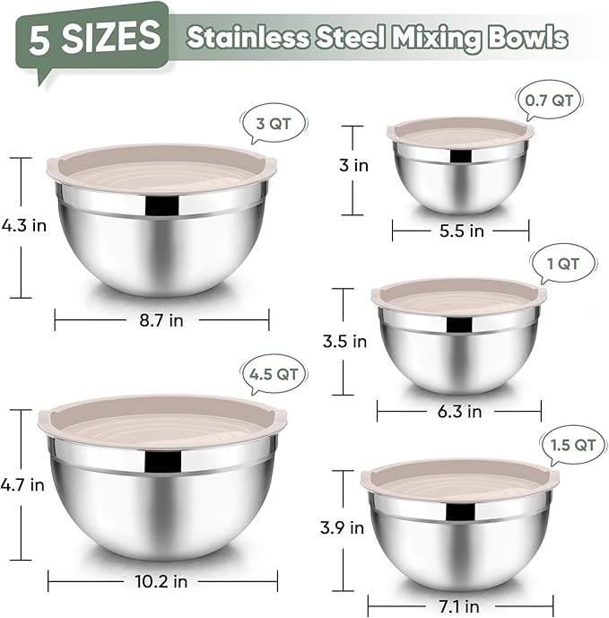 TeamFar Mixing Bowls with Lids, 5-Piece Stainless Steel Metal Nesting Salad Bowl for Mixing Prepping, Healthy & Heavy Duty, Airtight Lids & Dishwasher Safe, 4.5/3/1.5/1/0.7 QT-Khaki - Image 2