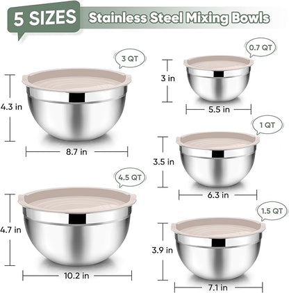 TeamFar Mixing Bowls with Lids, 5-Piece Stainless Steel Metal Nesting Salad Bowl for Mixing Prepping, Healthy & Heavy Duty, Airtight Lids & Dishwasher Safe, 4.5/3/1.5/1/0.7 QT-Khaki - Image 2