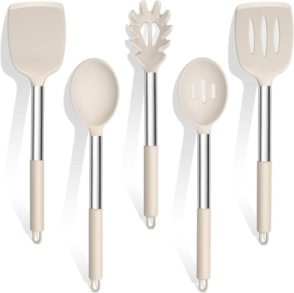TeamFar Cooking Utensils Set, 5 PCS Silicone Kitchen Utensils with Stainless Steel Handle for Nonstick Cookware Turning Flipping Frying Draining, Heatproof & Healthy, Nonstick & Easy Clean, Khaki by TeamFar