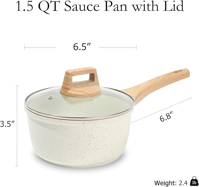 ESLITE LIFE Nonstick Sauce Pan with Lid, 1.5 QT Small Soup Pot Compatible with All Stovetops (Gas, Electric & Induction), PFOA Free, White - Image 2