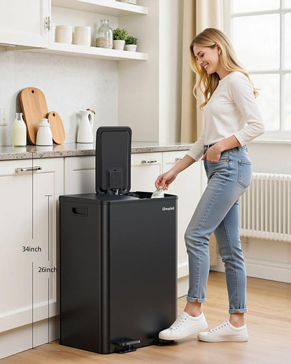 Lovewind Kitchen Trash Can, 2 x 8 Gallon (2 x 30 L) Stainless Steel Trash and Recycle Bin Combo with Soft-Close Lid, Dual Compartment Recycling Kitchen Step Trash Bin, Black - Image 2