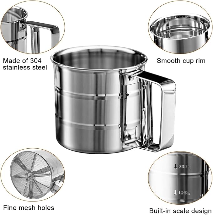 Silver Flour Sifter Baking Tool Set, DLAND Stainless Steel 4-Piece Kit with 10" Whisk, Dough Scraper & 5 Measuring Spoons, Mirror Polished, Easy to Clean, for Cake Bread Cookie Prep