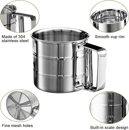 Silver Flour Sifter Baking Tool Set, DLAND Stainless Steel 4-Piece Kit with 10" Whisk, Dough Scraper & 5 Measuring Spoons, Mirror Polished, Easy to Clean, for Cake Bread Cookie Prep