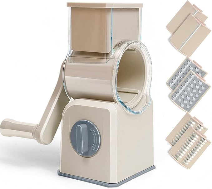 Rotary Cheese Grater with Hand Crank, Multi-Purpose Shredder Slicer with 3 Interchangeable Stainless Steel Blades for Shredding, Slicing, and Grating Cheese, Vegetables, and Fruit (Beige) by YWHWLX