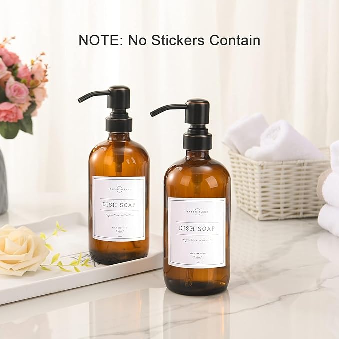 AmazerBath Amber Glass Soap Dispensers, 2 Glass Amber Pump Bottles, 17 Oz Dish Soap Dispenser, Kitchen Bathroom Hand Soap Dispensers for Hand Sanitiser, Shampoo, Lotion, Shower Gel Conditioner - Image 7