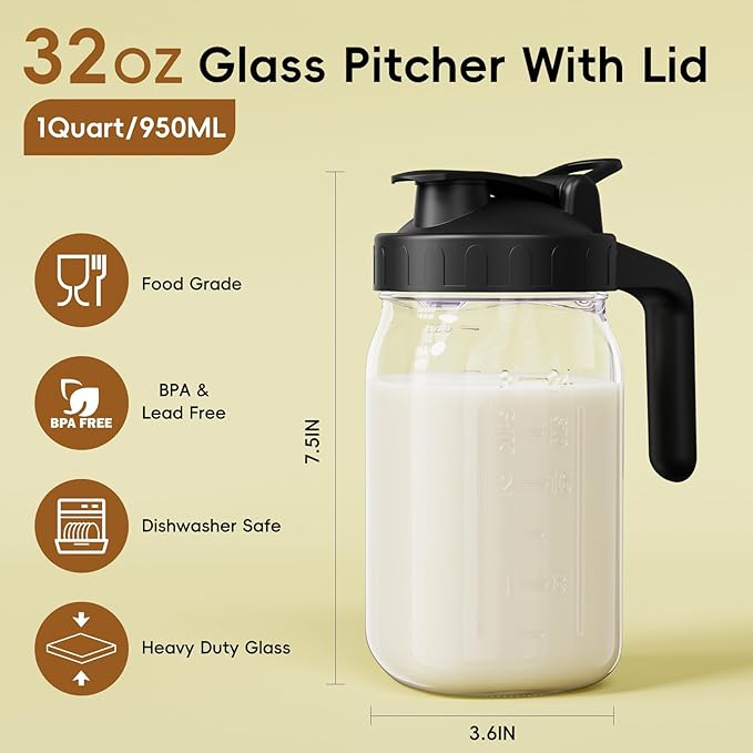 Breast Milk Pitcher - 32 oz Glass Mason Jar with Dual Leak-Proof Design, Airtight Seal, Pour Spout & Handle, Storage Container for Breastmilk, Iced Tea & Ice Drinks（Black） - Image 2