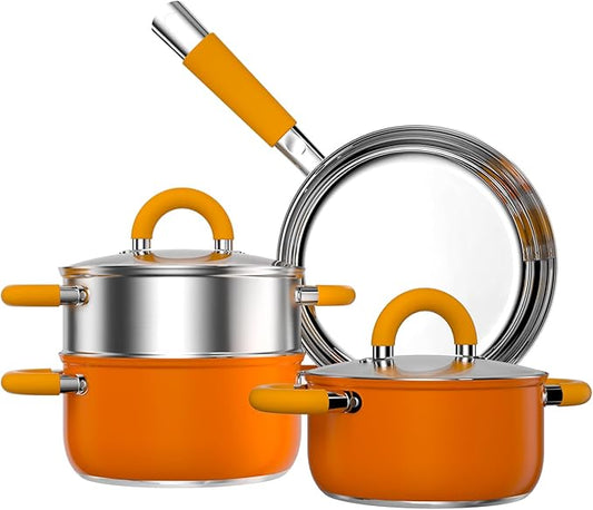 Stainless Steel Pots and Pans Set 6 Piece, 4 3 QT Pot with Lid and Steaming, Fry Pan, Compatible with All Stovetops