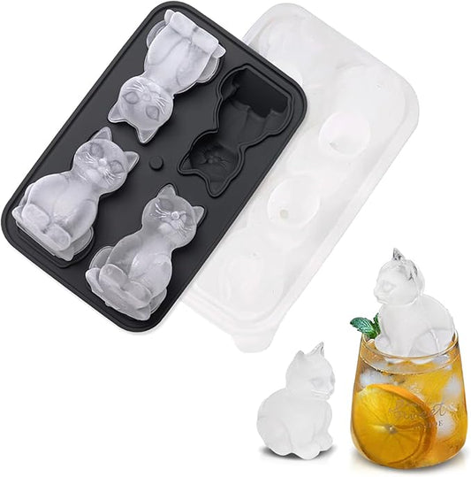 4 Cavities 3D Cat Ice Cube Molds, Black Silicone Ice Cube Tray with Lid, Cute Cat Shape Ice Mold, Large Ice Cube Tray, Food Grade Reusable Ice Trays for Whiskey, Cocktails, Homemade Cold Drinks